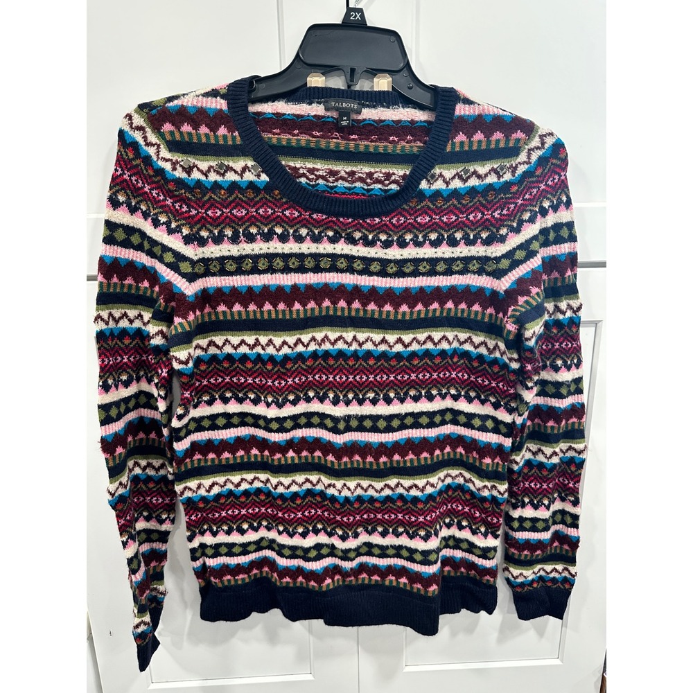Talbots Fair Isle Knit Sweater Women's Size M Embellished Wool Blend Multicolor